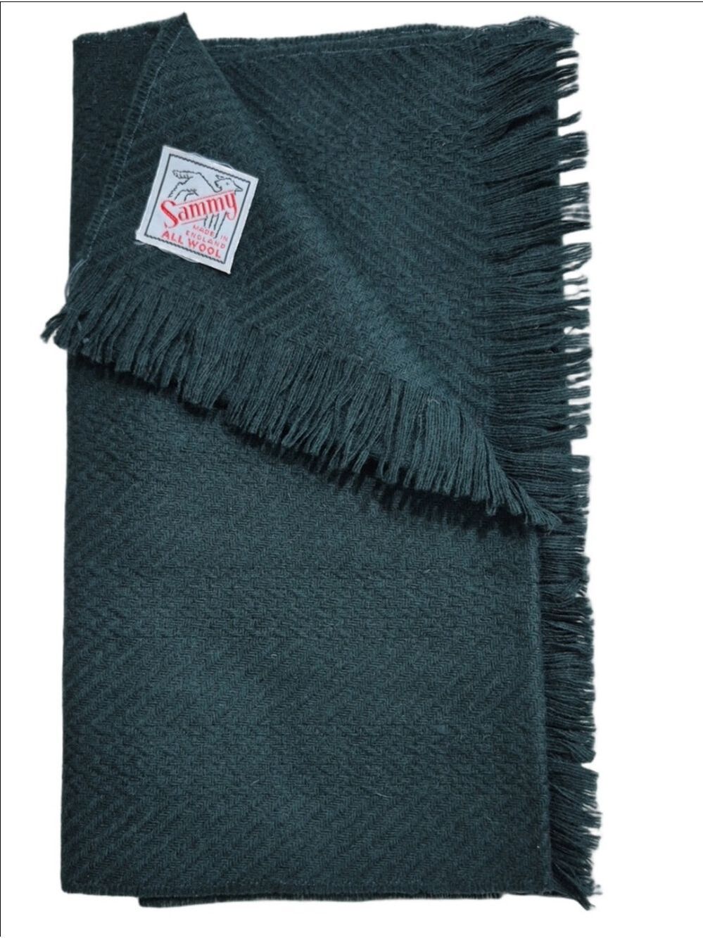 Sammy All Wool Scarf Made in England Forest Green Short Muffler Herringb